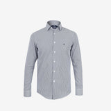 Camisa Slim Azul Escuro com Listras Finas e Sem Amassados