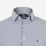 Camisa Slim Azul Escuro com Listras Finas e Sem Amassados