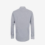 Camisa Slim Azul Escuro com Listras Finas e Sem Amassados