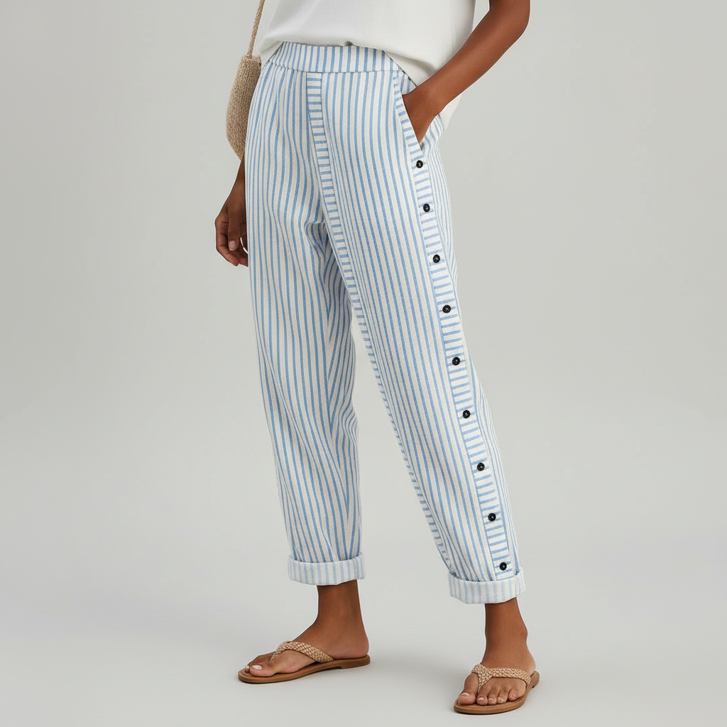 Caitlin | Elegantne pantalone sa dugmadi i prugastim dezenom