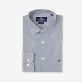 Camisa Slim Azul Escuro com Listras Finas e Sem Amassados